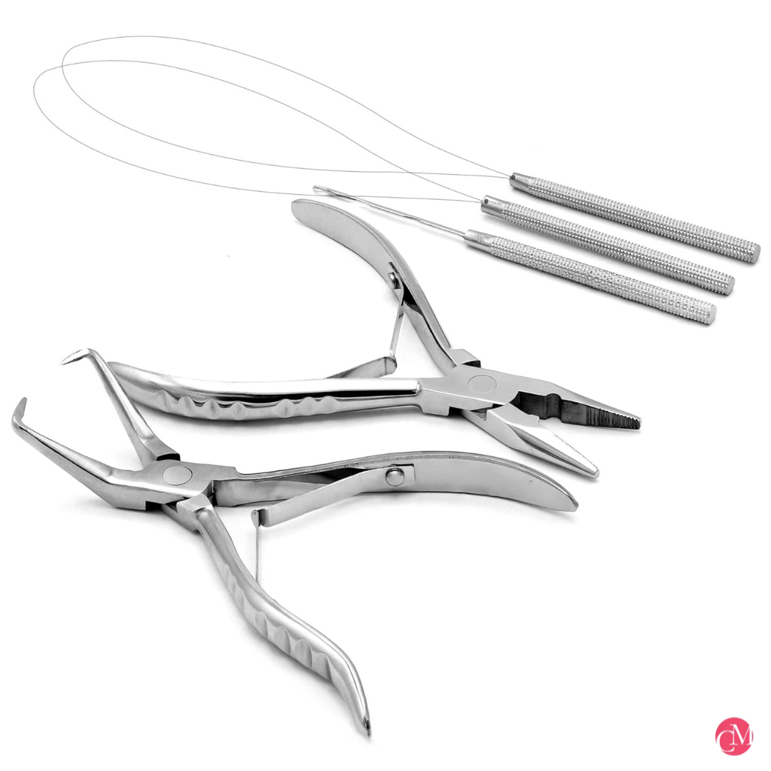 BonitaCrown Hair Extension Beading Tool Kit Stainless Steel Hair Extensions Micro Link Bead Closer And Remover Pliers Set, Beads Hair Pulling Hook & Micro Ring Loop Tool Set - SILVER