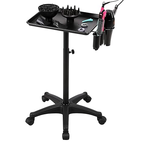 Beauty Rolling Aluminum Tray Cart Utility Cart, Hair Salon Service Instrument Trolley Stand with 5 Casters and Accessory Caddy for Bathroom Office Black