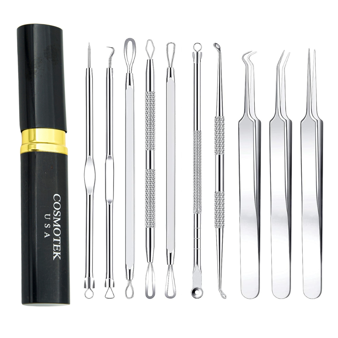 Pimple Popper Tool Kit, Cosmotek 10 PCS Professional Stainless Steel Blackhead Remover Comedone Extractor Tools for Removing Zit on Face - Acne Removal Kit with Metal Case (Silver)