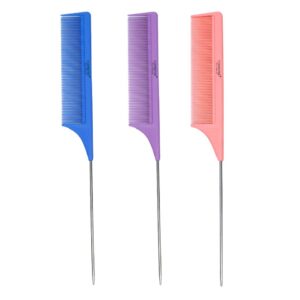 3PCS Professional Tail Comb Set – Stainless Steel Pintail Combs, Anti-Static & Heat Resistant – Lightweight Teasing Combs for Precision Parting, Hair Sectioning, Color Application, Extension & Wig Styling – For All Hair Types (3 Pack)