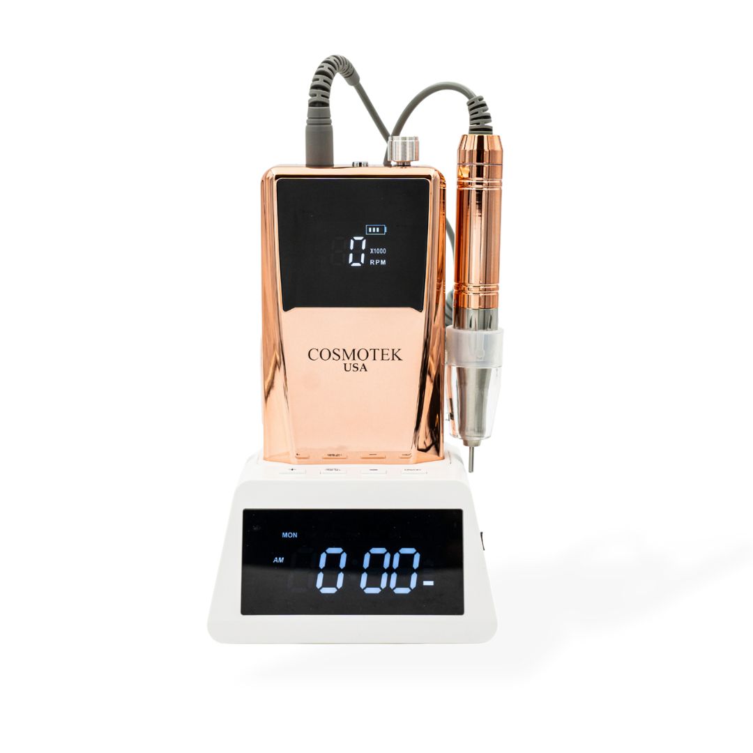 Metallic Rose Gold – 2-in-1 40K Smart Nail Drill Machine with Clock Dock – Portable & Desktop Electric Nail File – Vibration-Free, Ultra Quiet, Rechargeable E-File for Professional Nail Technicians & Salons