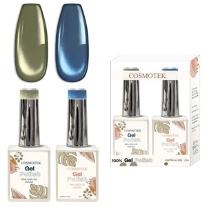 Cosmotek Cat Eye Duo Gel Set – Sage & Sapphire Mist (CTK-D05) – Premium Magnetic Gel Polish with Sage Green & Metallic Azure Shimmer, Velvet & Halo Effect, Soak-Off Nail Art Kit (2 x 15ml)