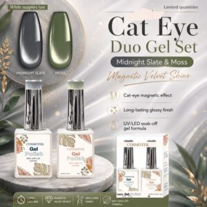 Cosmotek Cat Eye Duo Gel Set – Midnight Slate & Moss (CTK-D02) – Premium Magnetic Gel Polish with Charcoal Grey & Olive Gold Shimmer, Velvet & Halo Effect, Soak-Off Nail Art Kit (2 x 15ml)